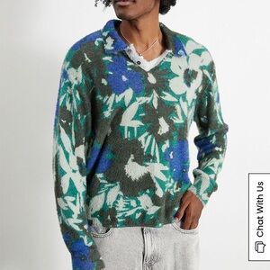 PacSun Blue and Green Floral Eyelash Polo Sweater